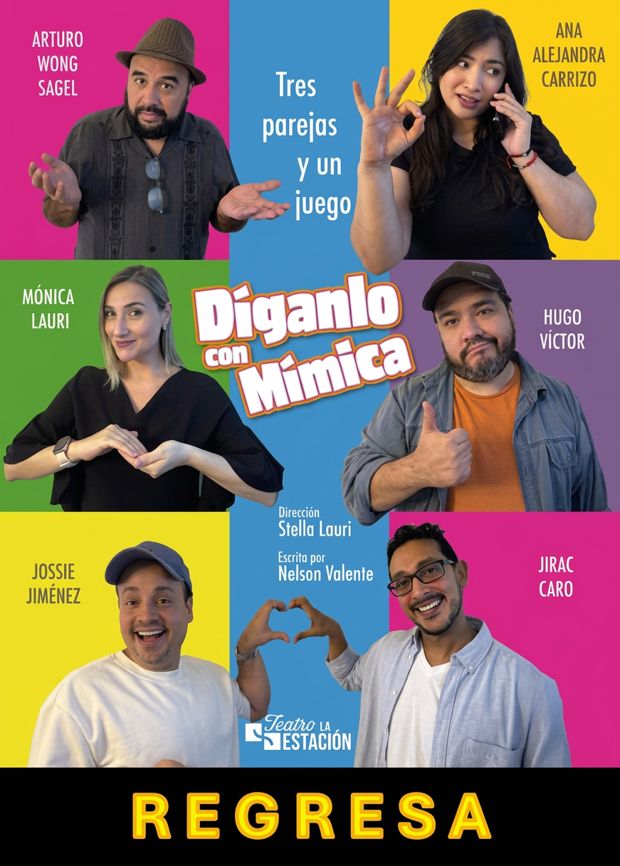 Imagen1 "En una hora de juego se puede conocer más acerca de una persona que en un año de conversación". (Platón) Tres parejas de amigos se reúnen para jugar a "Díganlo con mímica". Ésta rutina es para ellos un ritual donde comen, beben, se ríen y juegan. En el desarrollo del juego aparecerán conflictos solapados entre los protagonistas, quienes para evitar la ruptura de sus respectivas relaciones evaden sus propios deseos. Pero finalmente una mentira hará aflorar la verdad. Los personajes se plantean...¿el amor es aguantar al otro sin resentirse o es obrar con libertad? Dirección: Stella Lauri Elenco: Ana Alejandra Carrizo Hugo Víctor Rodríguez Mónica Lauri Arturo Wong Sagel Jossie Jímenez Jirac Caro
